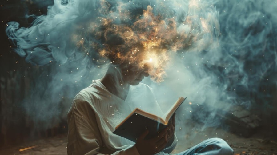 Человек читает книгу в облаке дыма и света — иллюстрация к семинару «Физиология Магии»